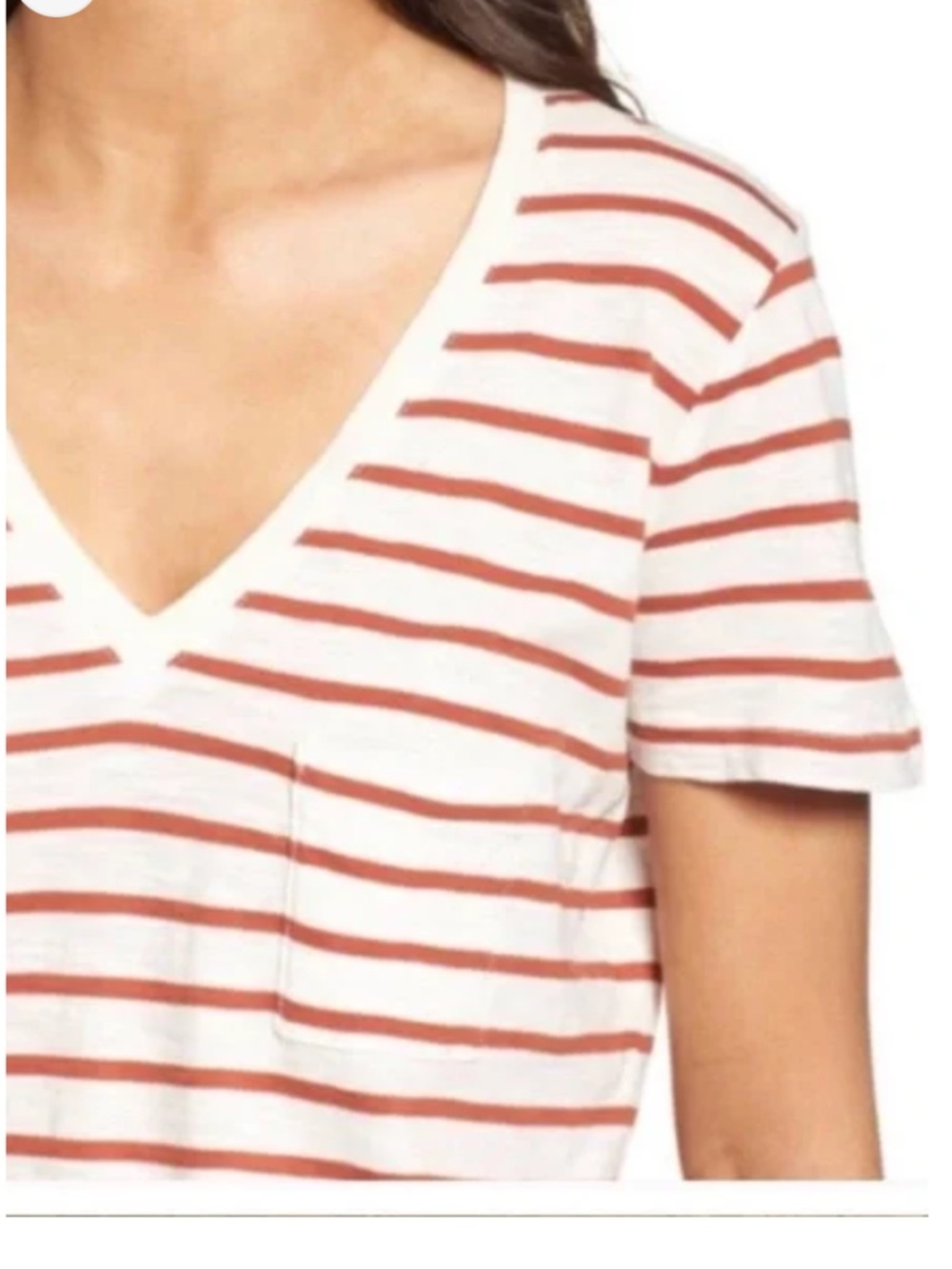Madewell Whisper Cotton V-Neck Burnt Orange Rust Striped Pocket T-Shirt Size M - Picture 2 of 8